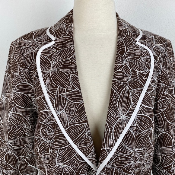 Nygard Linen Brown White Embroidered Blazer Jacket 12P Lined Hooks 3/4 Sleeves - Picture 2 of 8